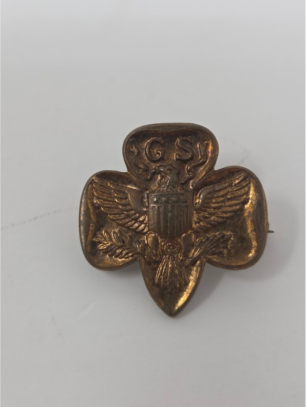 Vintage GS Eagle Shield Trefoil Pin Bronze Tone Raised Design Safety Clasp